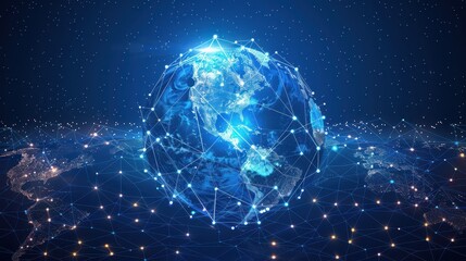 A blue planet with a network of lines surrounding it. The planet is surrounded by a starry sky