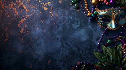 A high-quality image of a Mardi Gras mask and beads on the right side, with ample blank space on the left for text. Perfect for Mardi Gras cards and festive promotions. AI generated image.