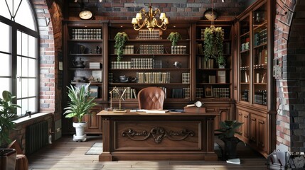 Classic Home Office Interior with Brick Walls.