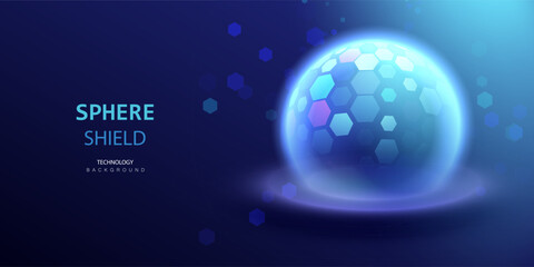 Naklejka premium Sphere shield on blue background. Ai globe protect transparent ball. Dome barrier technology vector. Cyber, uv, virus protection hexagon shield futuristic design.