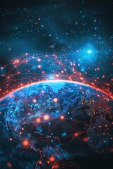 Obraz premium A globe with a network of lines and dots surrounding it. The globe is surrounded by a dark background