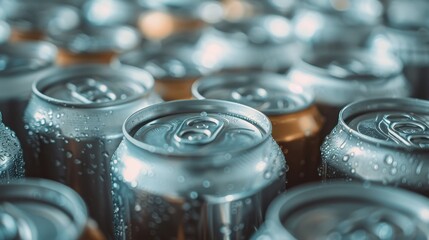 A detailed view of aluminum cans with droplets, zooming into close detail, primarily in a grey shade, highlighting the freshness and condensation on the surface.