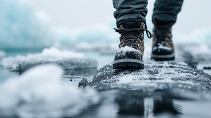 A close-up shot of a person's hiking boots standing on a frozen, icy surface during winter. The boots are rugged and surrounded by small patches of snow and ice.
