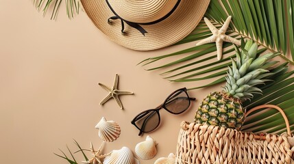 Flat lay of summer items: straw hat, sunglasses, pineapple, woven bag, palm leaf, seashells, and starfishes on a tranquil beige backdrop.