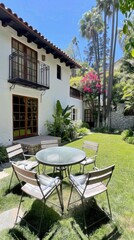 Fototapeta premium A stunning white mansion features lush greenery and vibrant flowers in a serene garden under bright sunlight