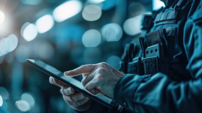 A police officer operates a tablet in a modern, tech-driven environment, highlighting the integration of technology with law enforcement practices to enhance efficiency and real-time data access.