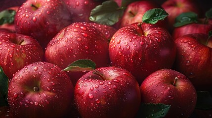 Close-up view of several fresh red apples covered in water droplets, showcasing their vibrant color and texture in a detailed, high-quality food photograph.