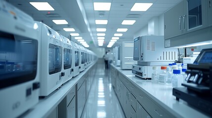 Fototapeta premium A long hallway in a high-tech CRISPR laboratory with rows of equipment and a lone figure in the distance.