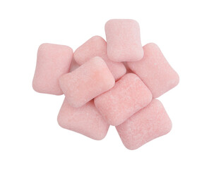Pile of fruit gum cubes isolated on white.