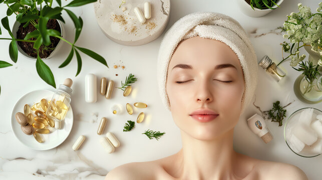 Detailed 3D Visualization of Radiant Skin with 5-HTP Extract and Herbal Elements for Beauty and Health Ads
