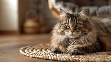 Purebred Siberian cat resting on a jute wicker rug. Fluffy feline on a hardwood floor in a stylish living room.