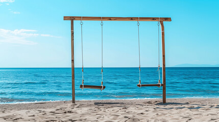 A wooden swing is hanging over the ocean. The beach is rocky and the water is calm. The scene is peaceful and relaxing