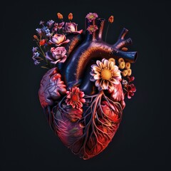Fototapeta premium A realistic depiction of a human heart adorned with flowers, set against a black background.