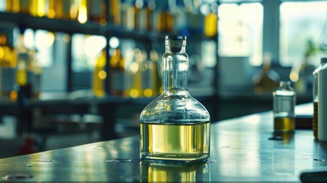 Focused chloroform in glass bottle in chemistry lab with empty area