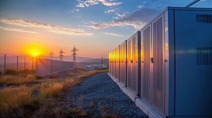 A row of computer servers are yellow and black. The servers are in a large room with a lot of light
