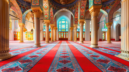 Obraz premium Beautiful interior of a modern mosque with colorful mosaic decorations and red carpet covering the floor