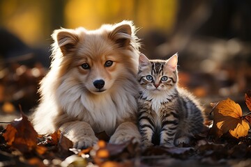 Fototapeta premium cute dog and cat in autumn park. 