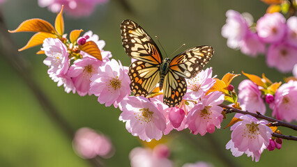 Obraz premium Serene Spring Blossoms: Macro Sakura Flowers & Butterflies in Nature