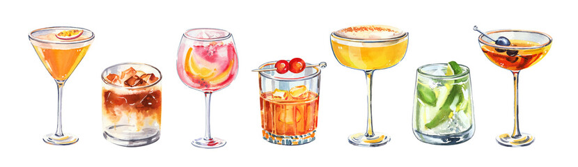 Set of watercolor hand painted summer aperitif cocktails glass simple sketch illustration on white background DIY elements for bar menu social media ads and posters