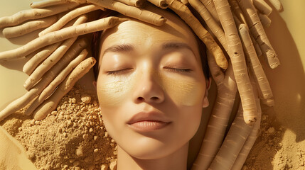 Luxury 3D Visualization of Radiant Skin Featuring Ashwagandha Extract and Elegant Display of Ashwagandha Roots and Powder for Health Benefits Ad