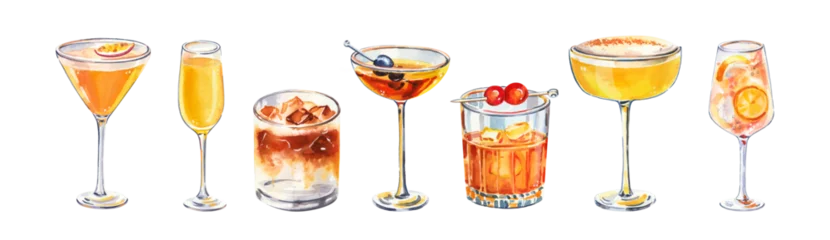 Set of watercolor hand painted summer aperitif cocktails glass simple sketch illustration on white background DIY elements for bar menu social media ads and posters © Salnikova Studio