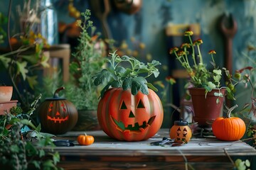 Obraz premium Jack-O'-Lantern with Green Plant and Miniature Pumpkins on a Rustic Table.