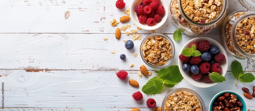Poster variety of ingredients for a nutritious breakfast include homemade granola in a glass jar fruit nuts