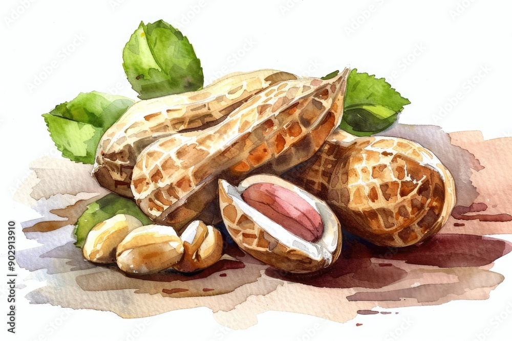 Sticker Nutty Delight: Watercolor Food Illustration of Raw Organic Peanuts with Leaves