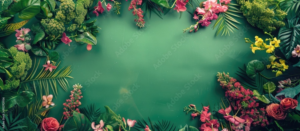 Aufkleber floral decorations arranged on a vibrant green backdrop featuring empty space for an image. creative
