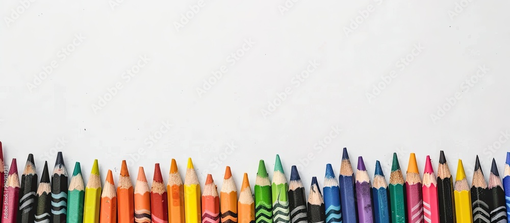 Fototapete drawing supplies including a black pencil and a colorful box of crayons displayed on a white backgro