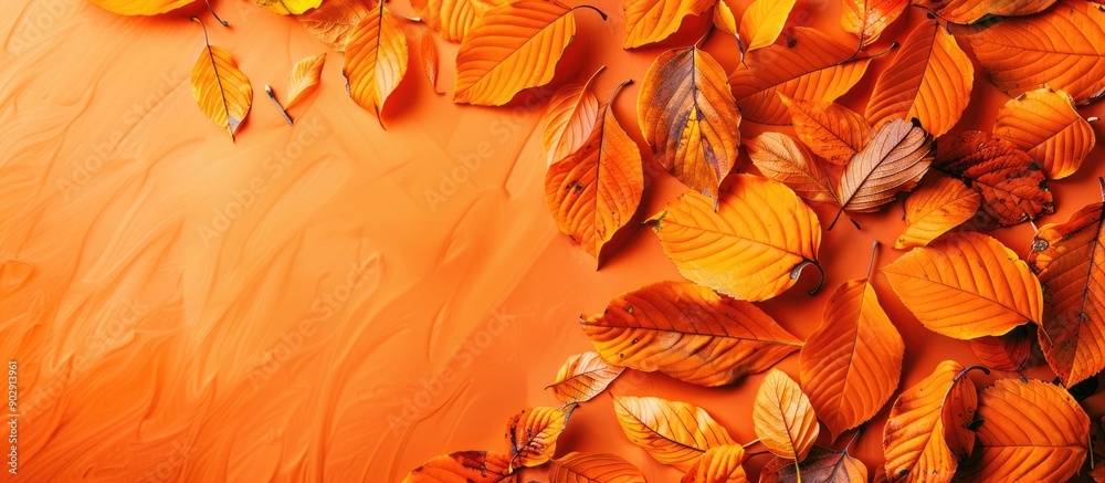 Leinwandbilder top view of a stunning fall leaf arrangement with orange leaves as a backdrop allowing room for text