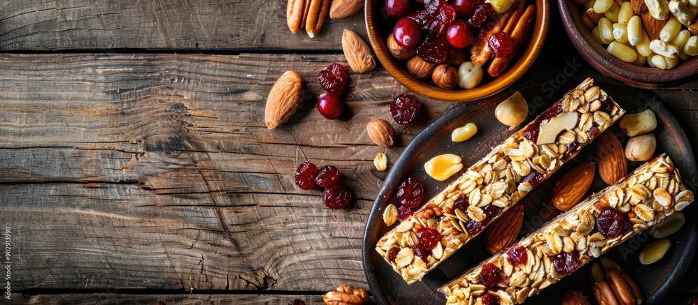 Poster a selection of granola bars with nuts cereals and cranberries is arranged on a wooden table it is a 