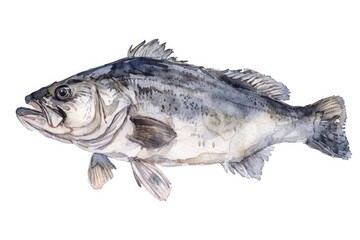 Fototapeta premium Ocean Bounty: Watercolor Hand-drawn Sea Bass, Fresh and Delicious Seafood on White Background