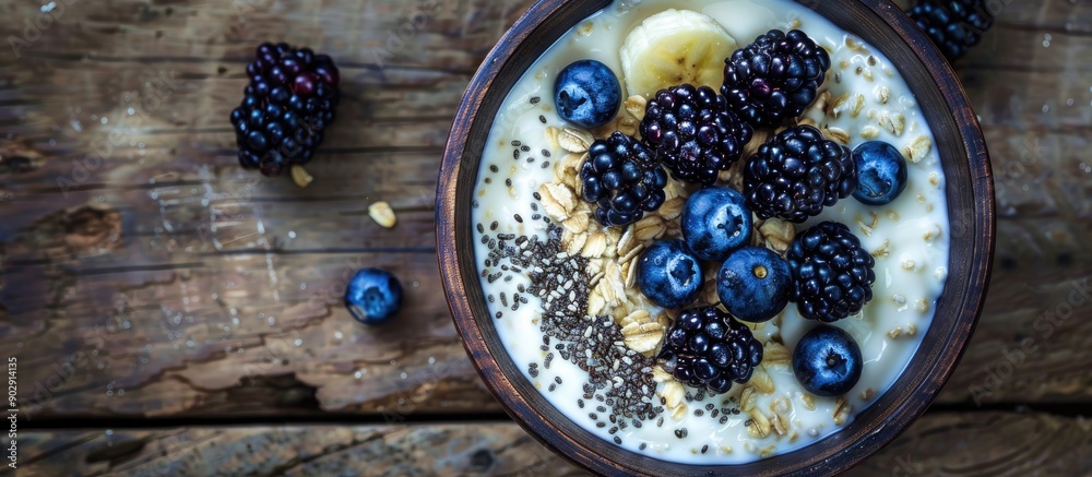Poster yogurt topped with oatmeal blueberries blackberries and chia seeds set on a wooden surface in a top 