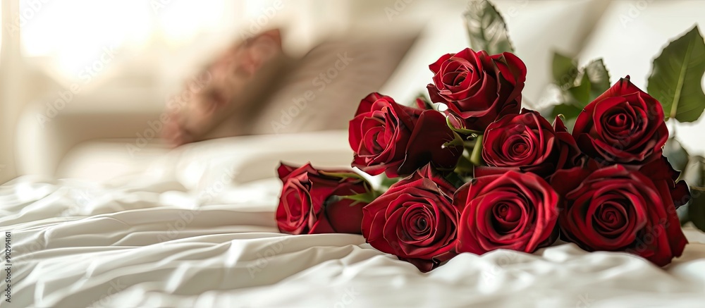 Fototapete romantic concept for valentine s day with a close up of a bunch of red roses on a white bed with a b