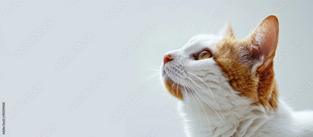 Poster a white and orange cat gazes at something with curiosity in a clean minimalistic setting suitable fo