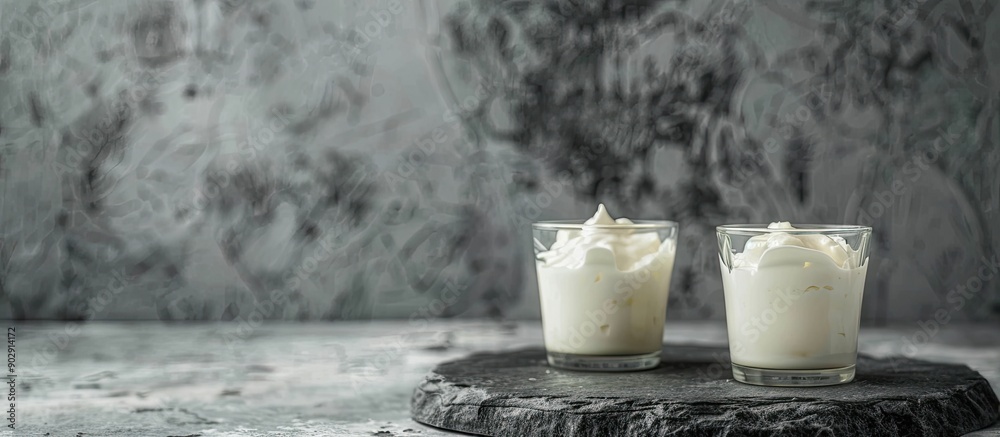 Aufkleber greek yogurt in glass jars presented on a gray stone background with a yogurt maker enhancing the co