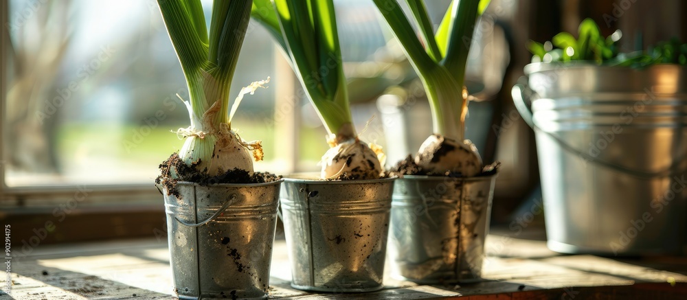 Poster Three regrown leeks in a bucket with garden soil displayed on a wooden background with out of focus windowsill gardening setting emphasizing no food waste and providing copy space image