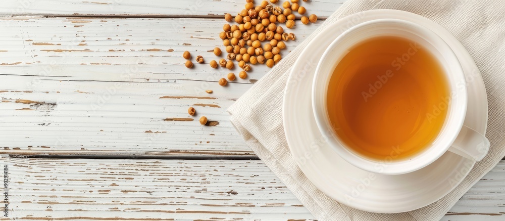 Poster white wooden table with a cup of buckwheat tea displayed offering ample copy space image