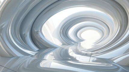 Fototapeta premium Futuristic abstract tunnel with smooth curving lines in soft white and gray tones, creating a modern and sleek visual experience.