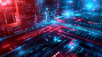 Obraz premium Futuristic digital circuit network with vibrant blue and red lights, representing technology, data flow, and modern connectivity.