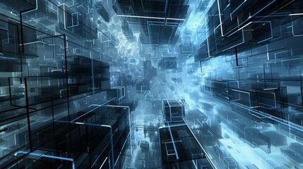 Futuristic digital tunnel with abstract geometric patterns and neon blue light effects, representing technology and innovation.