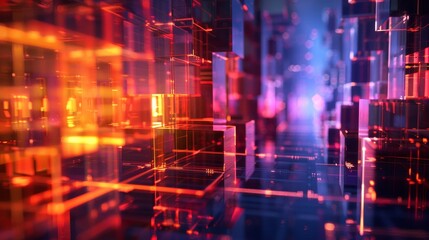 Fototapeta premium Futuristic digital landscape with vibrant neon colors and geometric patterns, representing technology, data, and innovation.