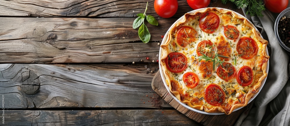 Poster vegetable pie with paprika tomatoes and cheese on a wooden surface with a blank space for an image. 