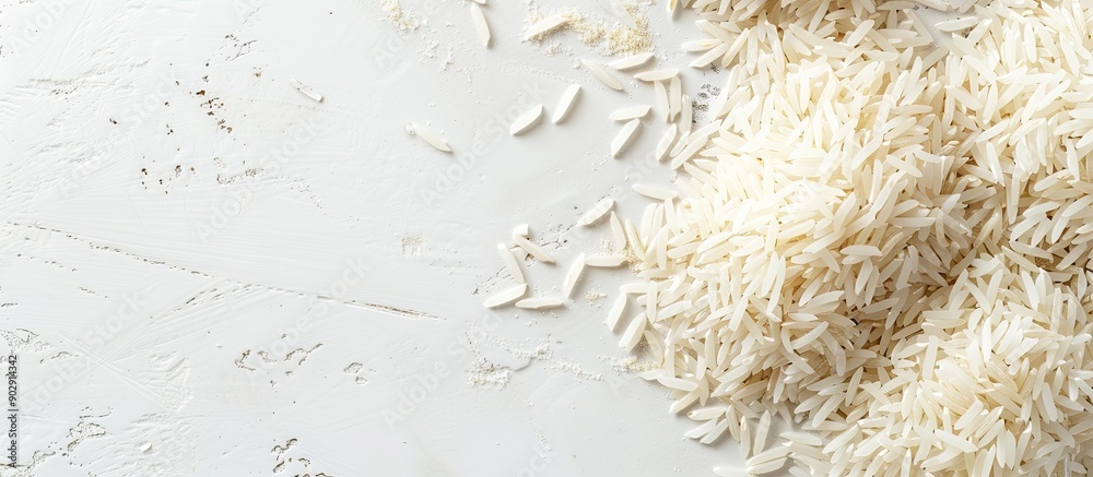 Poster high quality close up image featuring white basmati rice against a white backdrop with ample copy sp