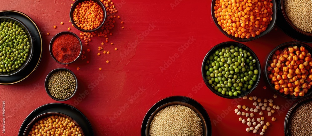 Poster a high quality photo of round bowls filled with legumes like chickpeas lentils and peas on a red bac