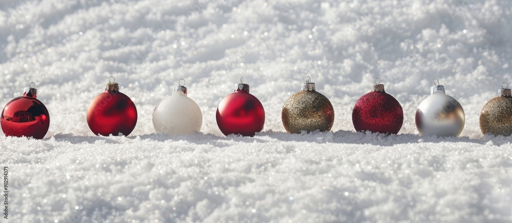 Aufkleber a row of christmas ball ornaments placed neatly on snow with copy space image available