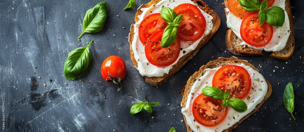Poster Healthy breakfast recipe featuring rye toast with cream cheese tomatoes and basil captured in a top view copy space image
