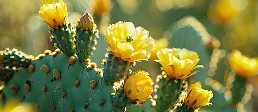 Yellow blossomed Opuntia polyacantha cactus with copy space image undergoing pollination
