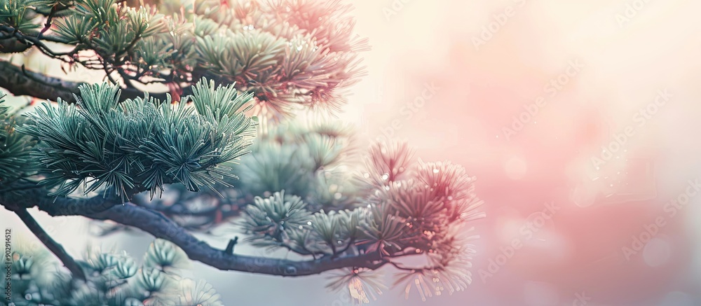 Poster a pine tree is caught in soft pink white sunlight with a faded tone creating a serene atmosphere in 